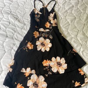 Black Floral Lace Zip Up Open Back Short Dress